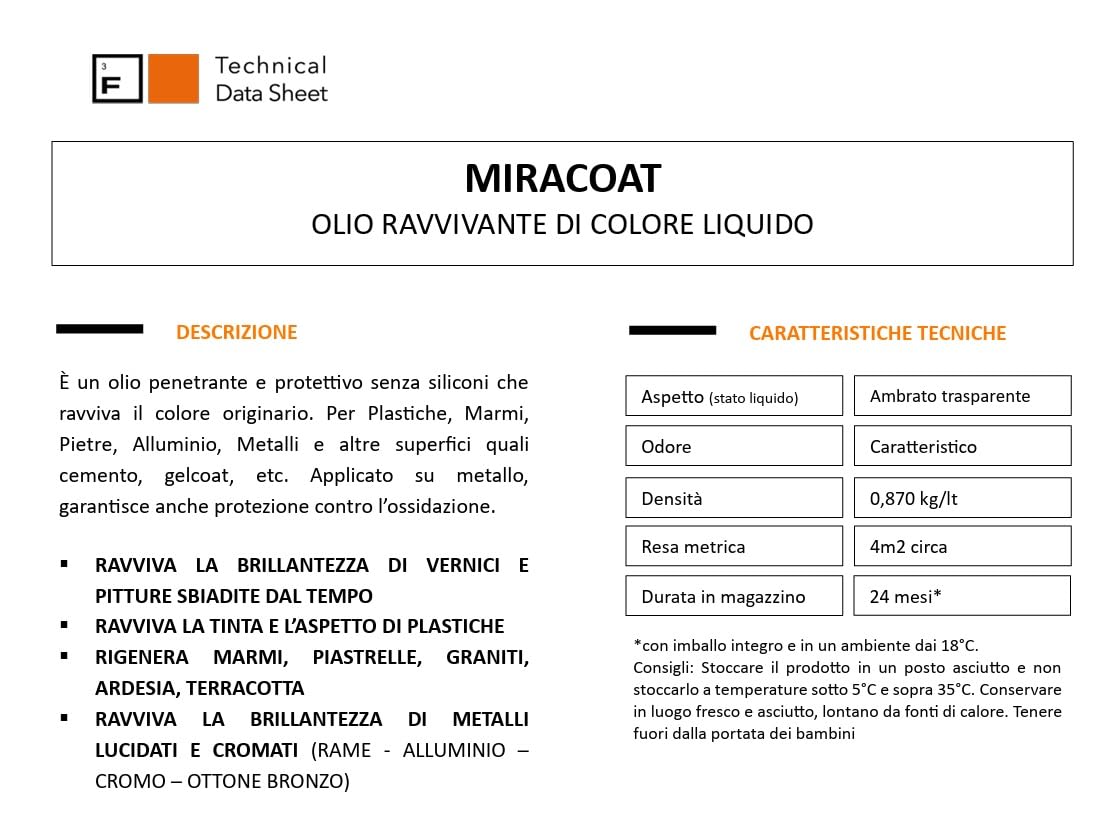 Faren MIRACOAT, Protettivo e Rigenerante,Ravviva Colore, per Plastica, Marmo, Granito, Pietra, Cemento, Metalli Lucidati e Cromati, Senza Siliconi, 500ml