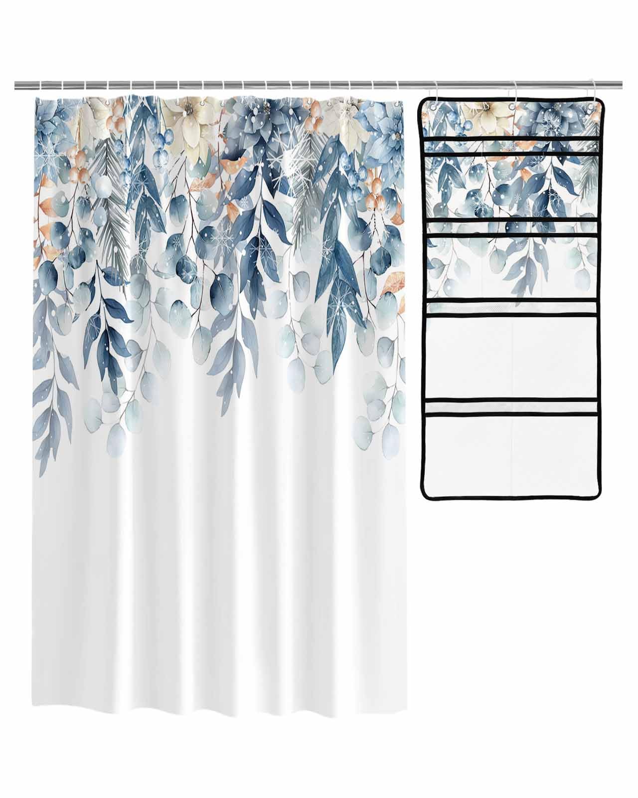 ZFUNCING Shower Curtain Mesh Shower Organizer Set Blue Plant Christmas Floral on White Waterproof Bath Curtains Hanging Shower