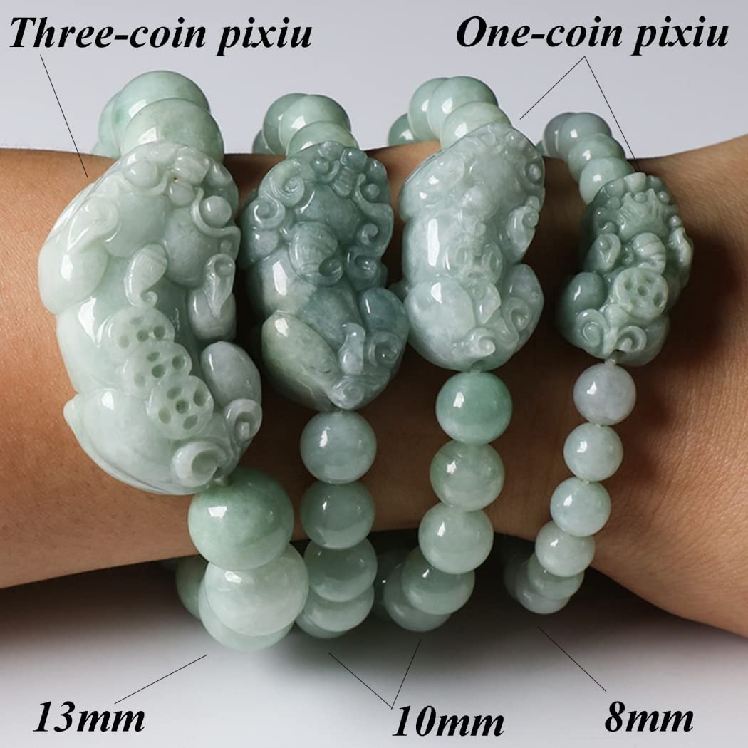 Feng Shui Pixiu Armband Natürliche Jade Armband for Damen Herren 8/10/13mm Runde Perlen Armband Pi Yao Amulett Reichtum Abwehr böser Geister Chakra Kristall Quarz Edelstein,Threecoin Pixiu Co