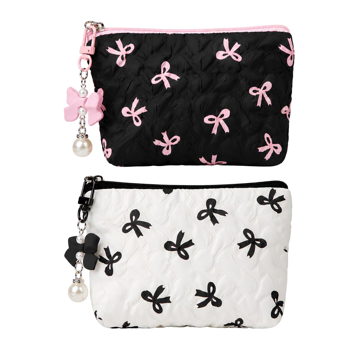 2Pcs Makeup Pouch Bag Small Cute Bow Cosmetic Bags for Women | Zipper Travel Toiletry Pouch for Purse, Mini Makeup Organiser Bag Set (14x2.5x10 cm)-image-3