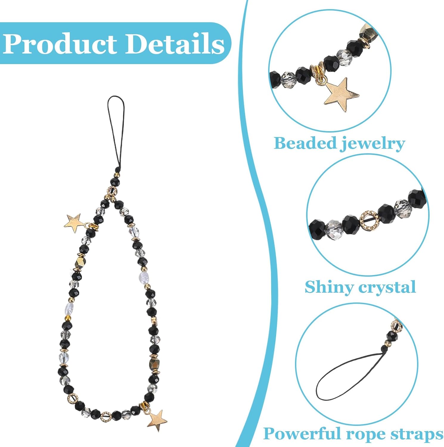 Black Beaded Phone Wrist Strap, Handmade Five-Pointed Star Kawaii Cell Phone Key Chain Charm Jewelry for Women Mobile Lanyard - Image 3