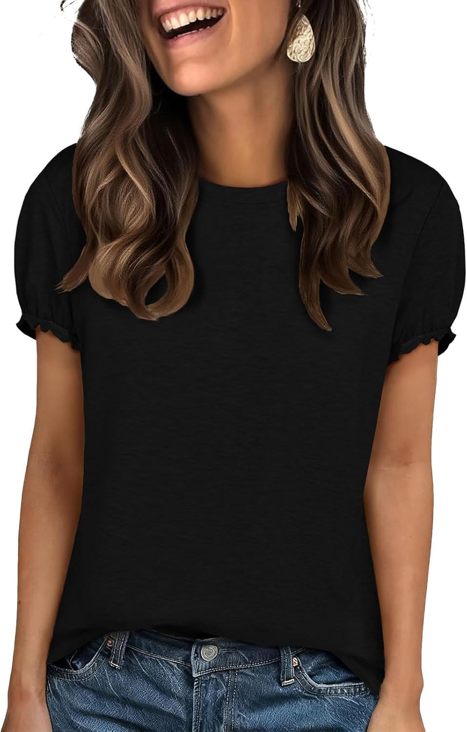 UNCLECAT Women’s Ruffle Short Sleeve T Shirts Trendy Crew Neck Tops Solid Basic Tee Summer Outfits 2026