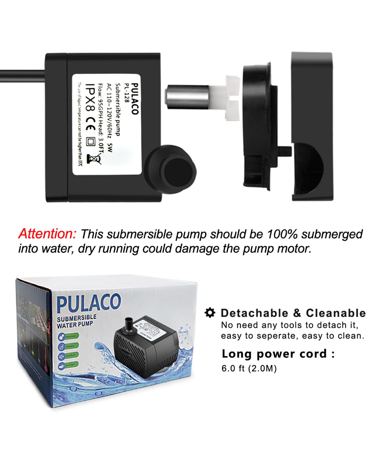 PULACO Mini Water Pump - Aquarium, Fish Tank, Fountain -3