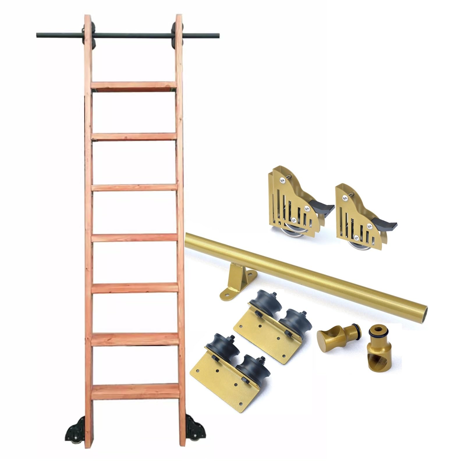 LWJSOCP Full Set Rolling Library Sliding Ladder Hardware Kit (No Ladder)，3.3-24FT Round Tube Sliding Library Hardware Track/rail Kit，Floor Roller with Brake, Slide Roller System(19.7ft/600cm Track k