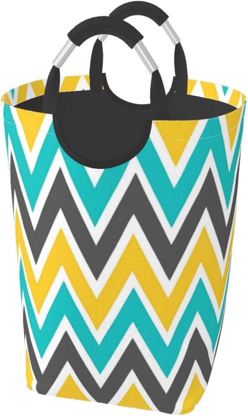Large Laundry Basket, Turquoise Gray Yellow Gold Chevron Laundry Hamper Bag Collapsible Washing Bin With Handles for College Dorm, Family Essentials Storage