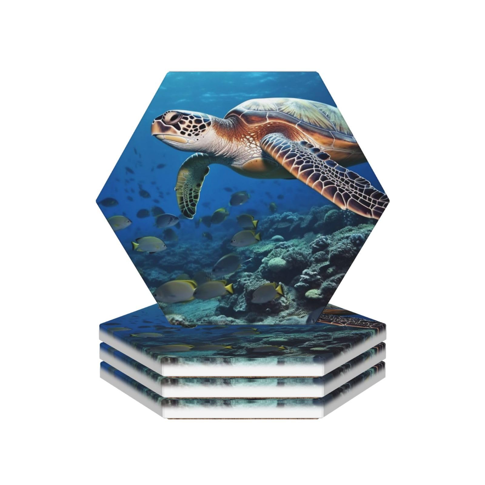 Drink Coasters 4Pcs Round CeramicCoaster with Holder Sea Turtle and Fish Coasters for Drinks Coffee Cup Mat Heat Resistant Coaster for Tabletop Protection Desk Accessories Office Home Decor