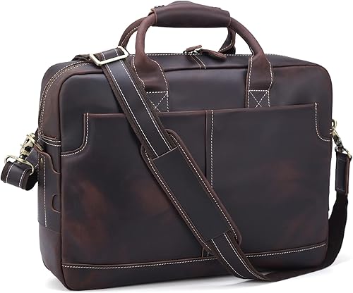 Maletín de cuero genuino para hombre, maletín de cuero de grano completo de 16 pulgadas, bolsa de mensajero con cremalleras de metal YKK (versión
