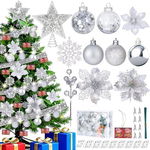 76Pcs Christmas Tree Decorations Set, Silver Assorted Ornaments with Large Shatterproof Plastic Balls, Star Tree Topper, Glitter Berries Stems, Ribbon for Indoor Garland Home Holiday Wedding Decor