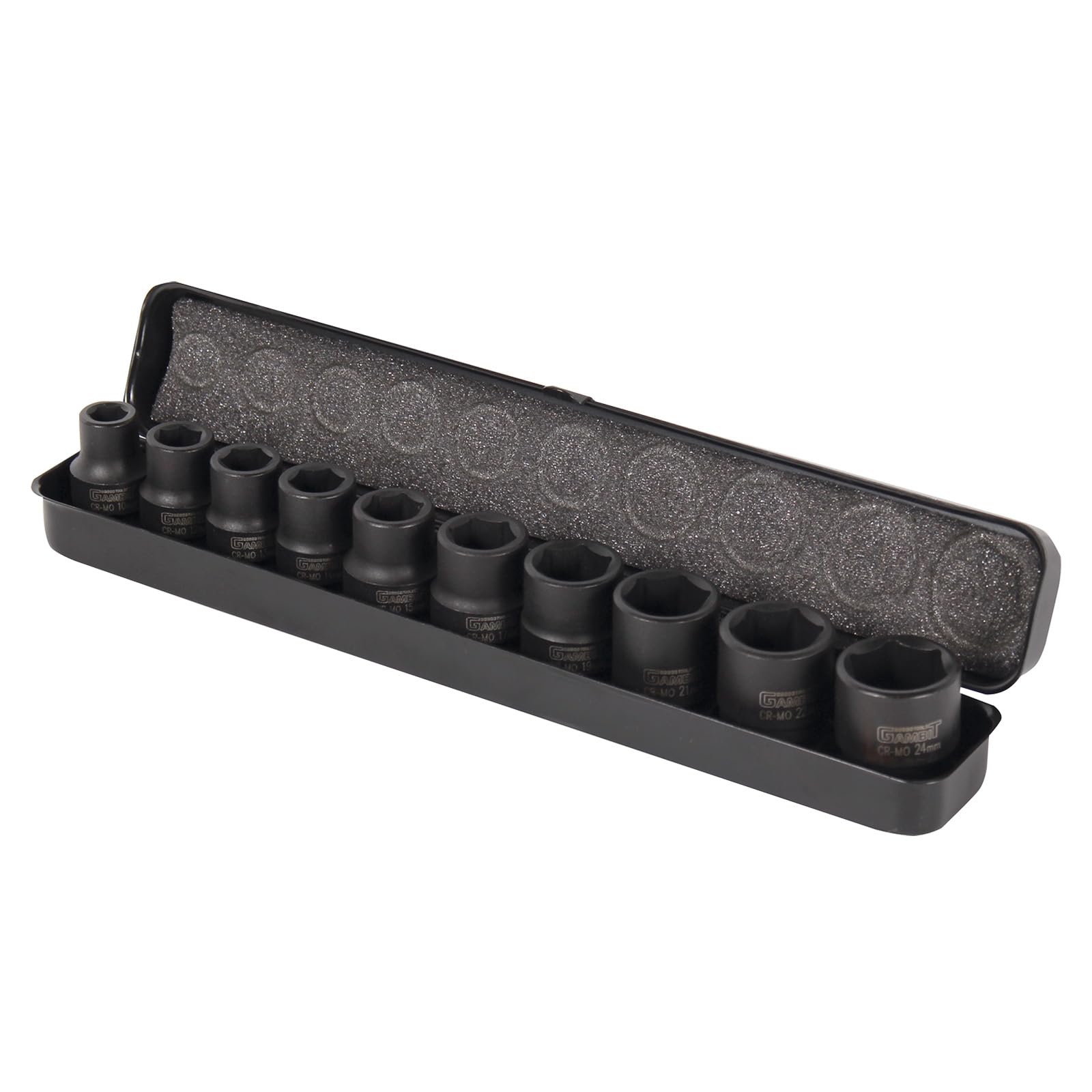 Monopol Gambit Tools Schlagschrauber-Steckschlüsselsatz, 10-24 mm, 10-teilig, Chrom-Vanadium-Stahl, Kurze Ausführung, Schwarz