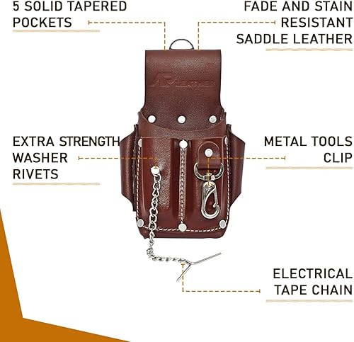 Miniatura 5 de Ap-Leather Pro-5 Bolsa de electricista, bolsa de herramientas de cuero, bolsa de 5 bolsillos con soporte para cinta eléctrica, compartimentos