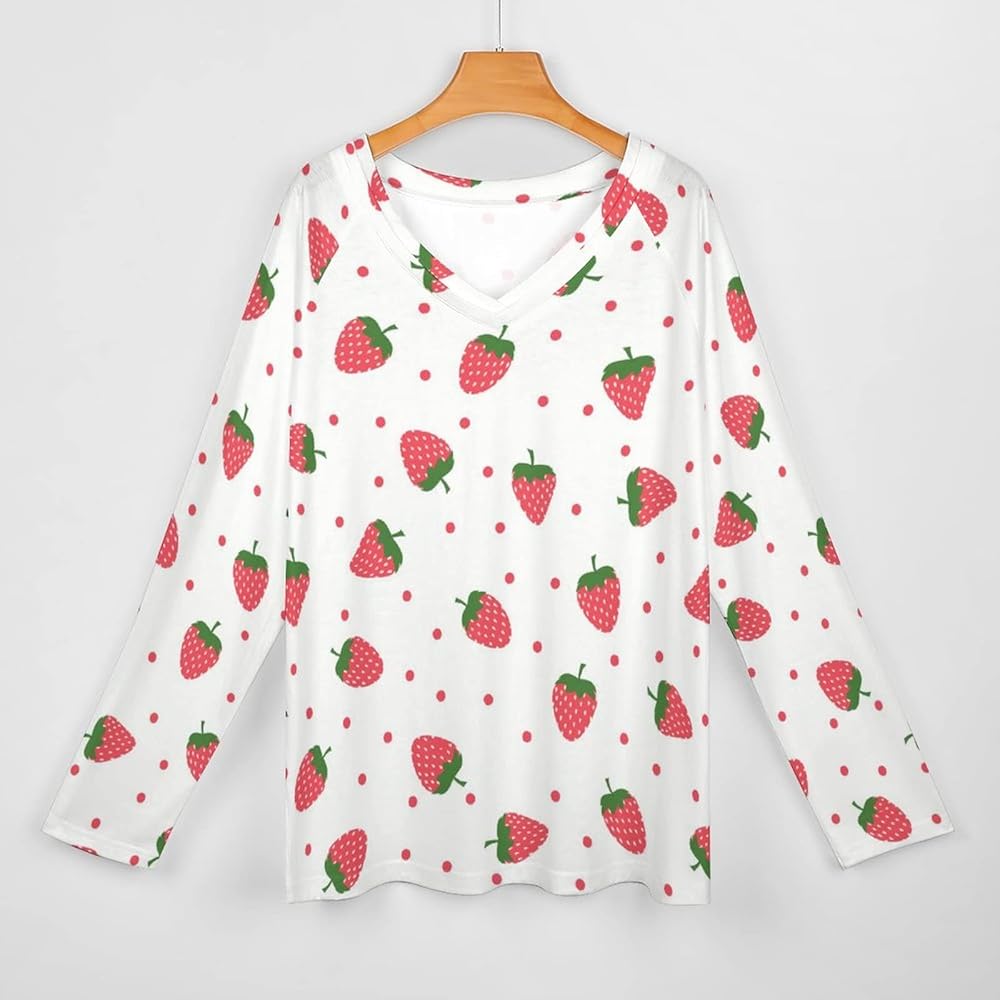トップス strawberry Kawaii Strawberry Print Women's V Neck Long Sleeve T-Shirts Fall
