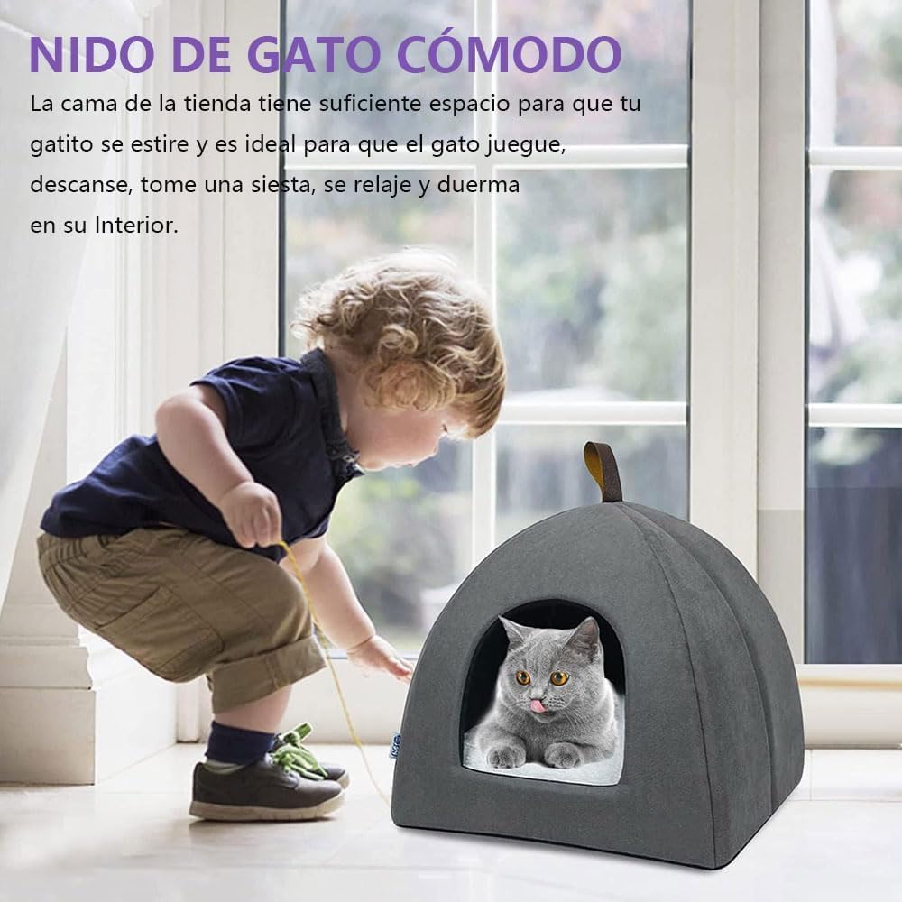 Voarge Cueva Suave y Cálida para Gato, Cama de Felpa con Cojín Interior Extraíble y Lavable, Gris, Medium