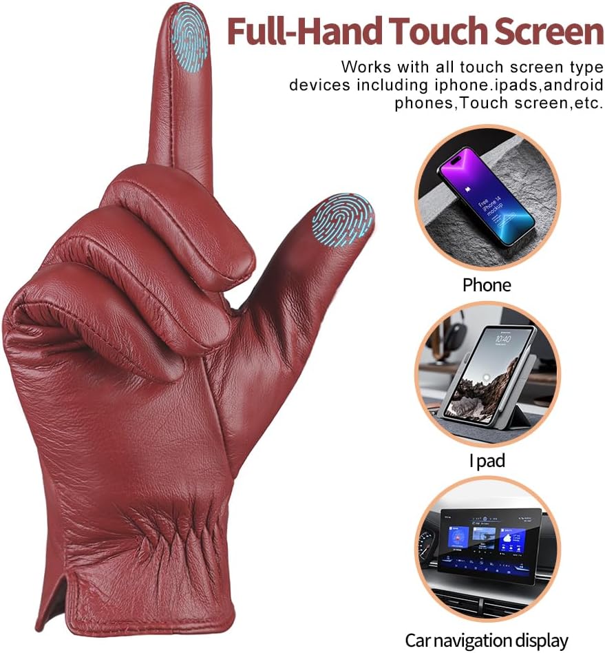 MGGMOKAY Mens Leather Gloves Lambskin Touch Screen Gloves Warm Cashmere Lined - Image 2