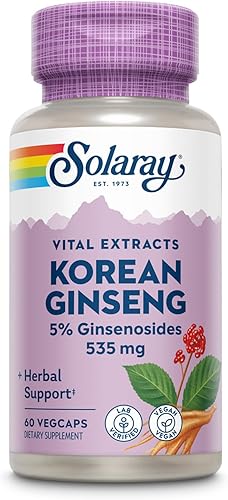 SOLARAY Extracto de raíz de ginseng coreano – Soporte herbario para estrés ocasional, energía y resistencia física – 5% de ginsenósidos – vegano,