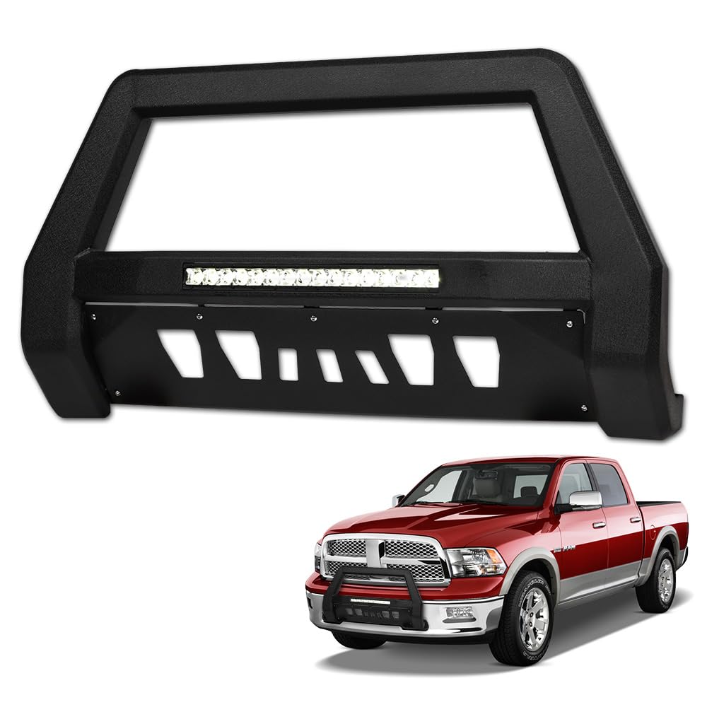 TLAPS 7422440542521 Compatible with 2009-2018 Dodge Ram 1500/2019-2024 Classic Textured Black HD Style LED Light Bull Bar Guard with Skid Plate
