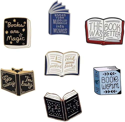 7 pines esmaltados para libros de dibujos animados con bolsa de terciopelo beige, insignias mágicas para libros, broche decorativo para solapa,