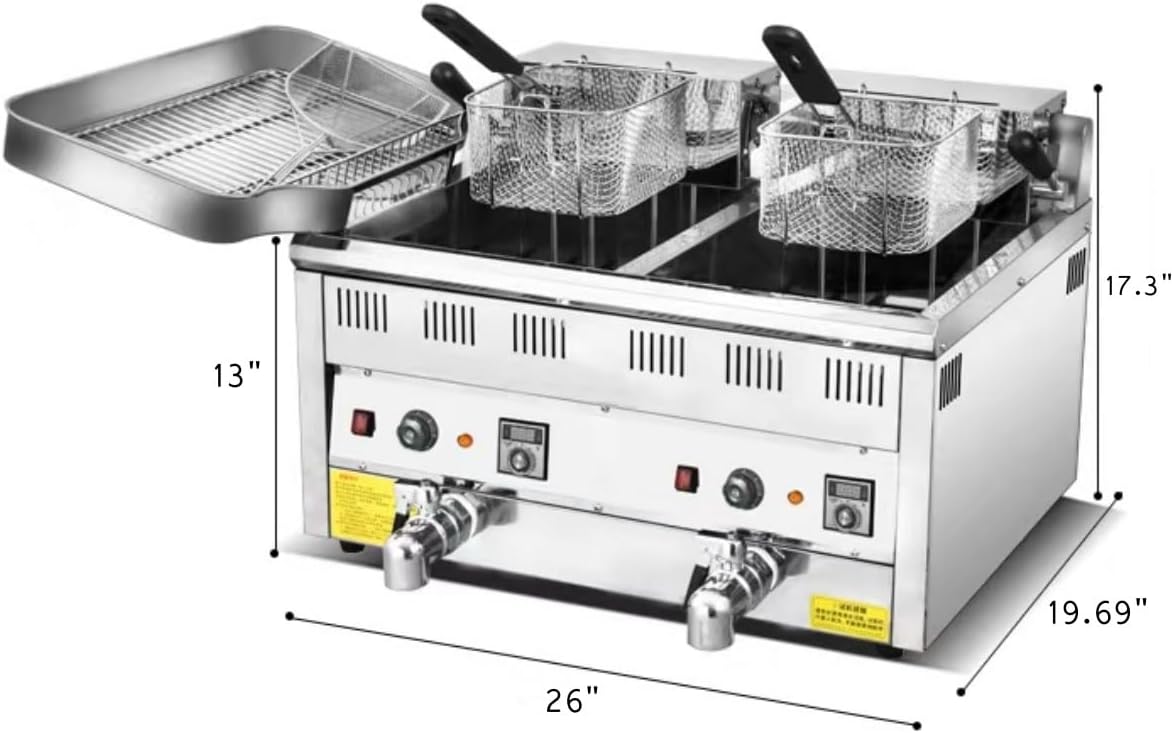 8KW Commercial Electric Deep Fryer with 2 Basket (2 x 12L Tanks), with Lid Oil Drip Drainer Rack Drain Valve Temperature Control and Limiter