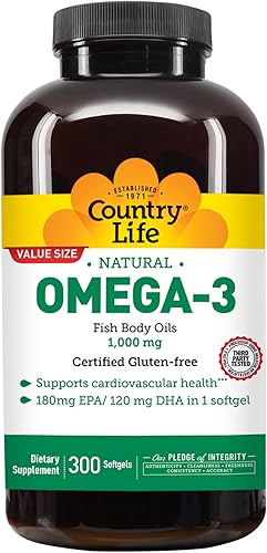 Country Life Aceites corporales de pescado Omega-3 1000 mg, 300 unidades