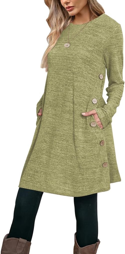 Poetsky Womens Tunic or Tops to Wear with Leggings Long Sleeve Side Buttons Swing Casual Long Shirts with Pockets S-3XL