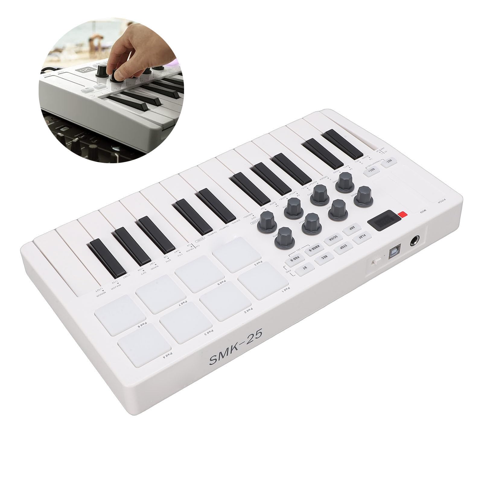 Asixxsix Controller Tastiera MIDI 25 Tasti, Mini Macchina Beat Maker Portatile Wireless Bluetooth con 8 Pad per Batteria Retroilluminati 8 Manopole 2 Touch Strip Capacitivi