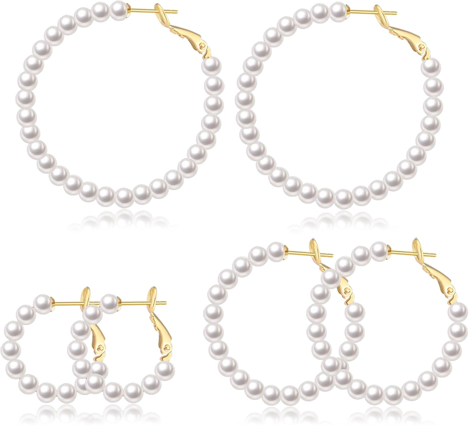 CERSLIMO Pearl Hoop Earrings for Women - 3 Pairs 14K Gold Plated & Sterling Silver Post Big Large Hoops 4mm Pearl Earrings Jewelry Gifts 20/30/40/50mm