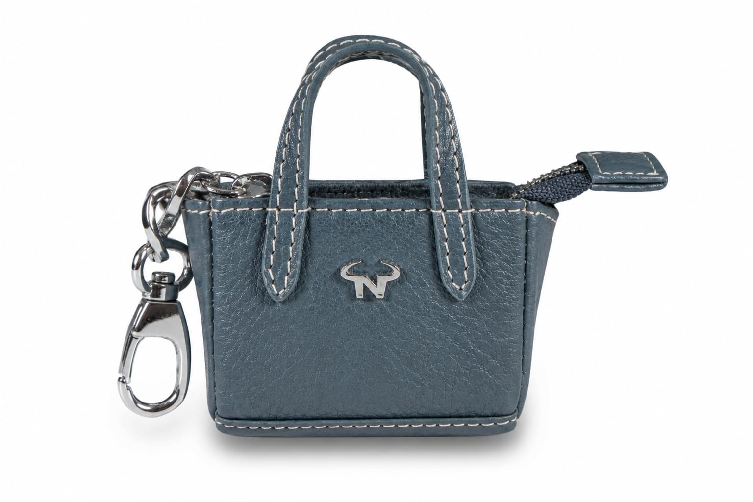 Genuine Leather Mini Tote Coin Pouch Keychain for Women | Zip Coin Purse with Metal Key Clip | Mini Handbag Charm for Coins, Earbuds & Small Essentials (Navy)-image-29