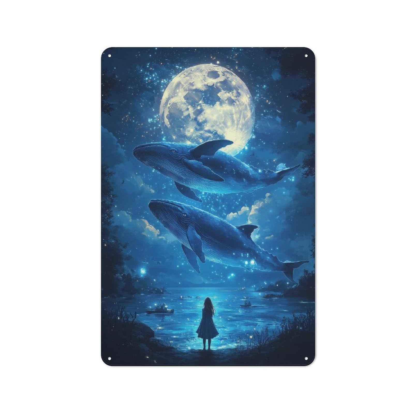 Girl Gazing at Whales Decorative Metal Sign 30x20cm, Understated Studio Wall Plaque for Hobby Room, Office, Lounge Or Living Room