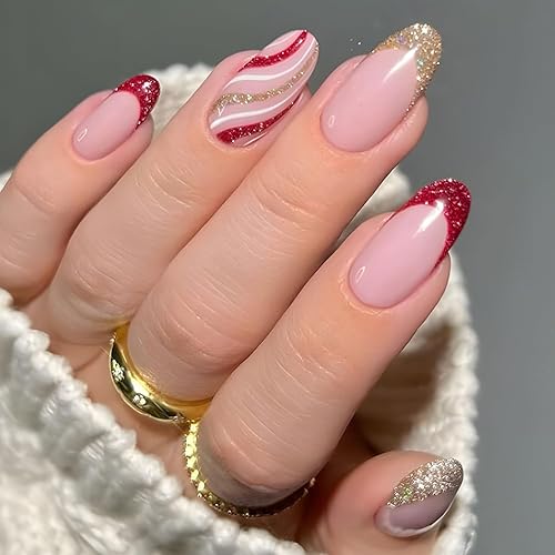 Christmas Almond Press on Nails Gold Red French Tip Fake