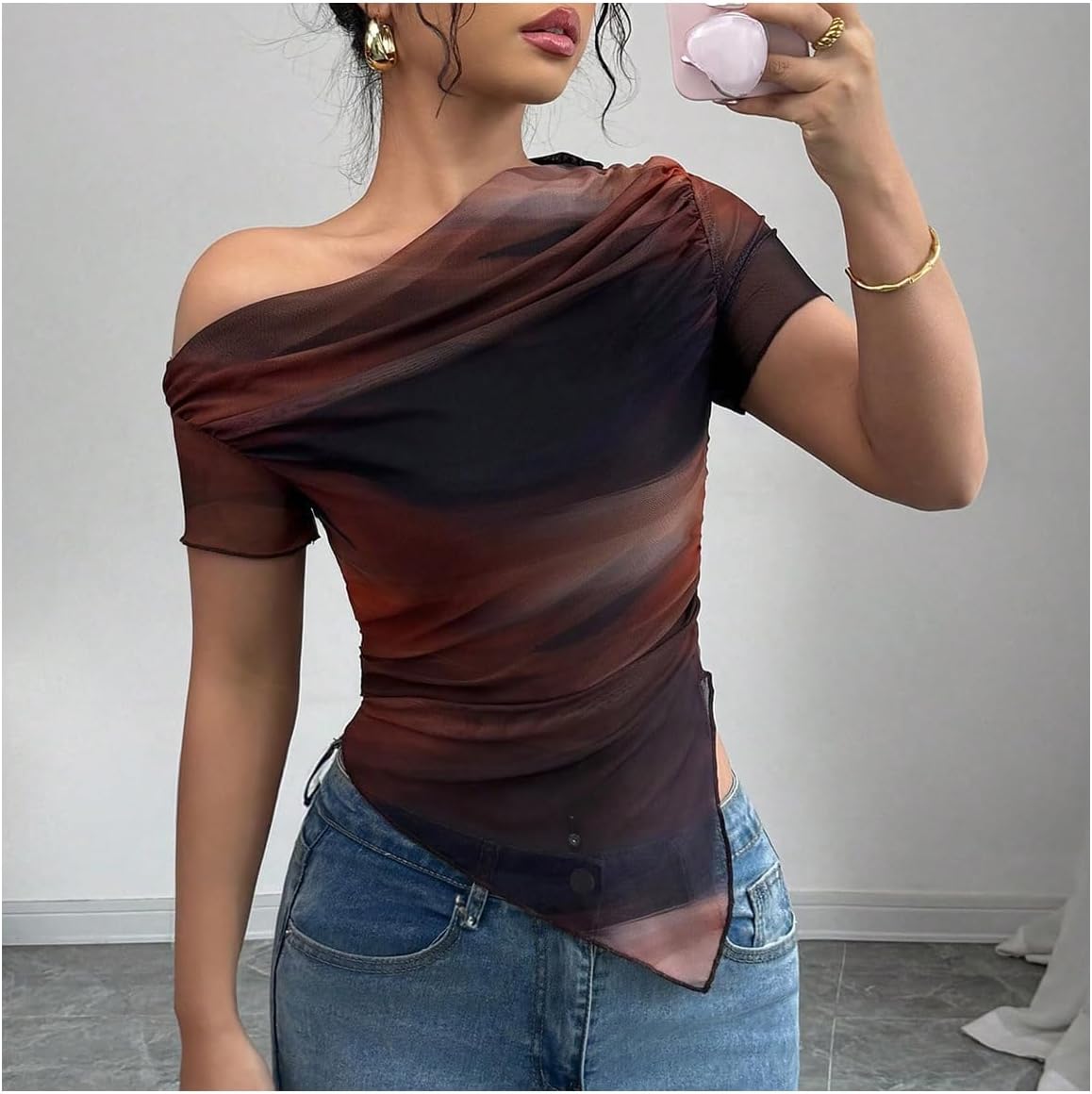Women's Off The Shoulder Tie Dye Ombre Mesh T Shirt Short Sleeve Asymmetrical Ruched Crop Tops - Image 3