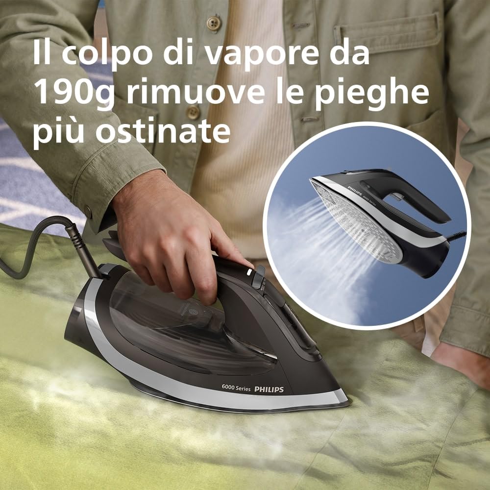 Philips Serie 6000 Ferro da Stiro a Vapore – OptimalTEMP anti-bruciatura, colpo di vapore 190 g, vapore continuo 45 g/min, piastra SteamGlide Plus, anti-goccia e spegnimento automatico (DST6120/80)