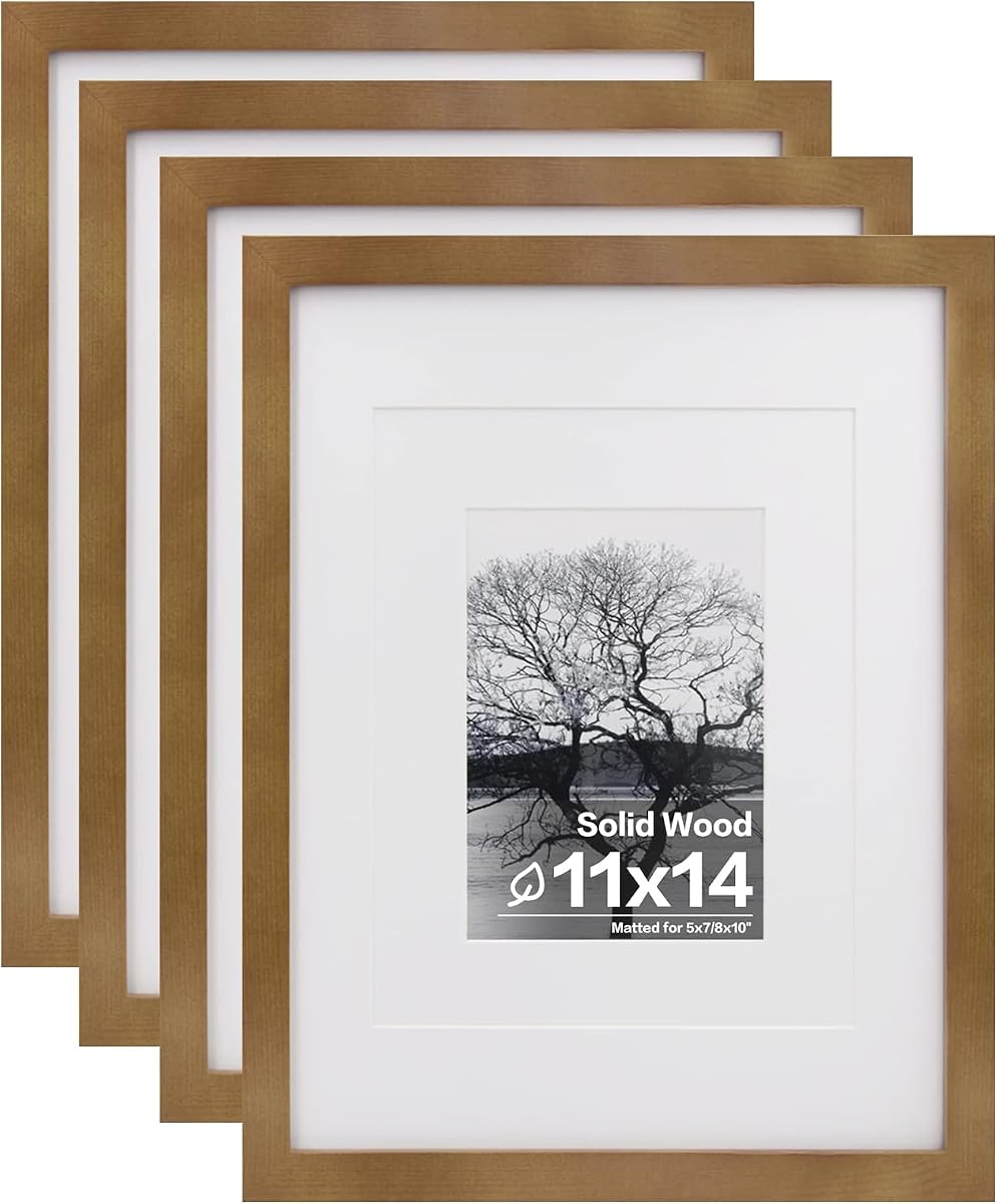Marcos de fotos de 11 x 14, paquete de 4 imágenes de exhibición de 5 x 7/8 x 10 con tapete o 11 x 14 sin tapete, hechos de madera maciza cubierta por plexiglás para exhibición de mesa y marco de fotos para montaje en pared, marrón claro