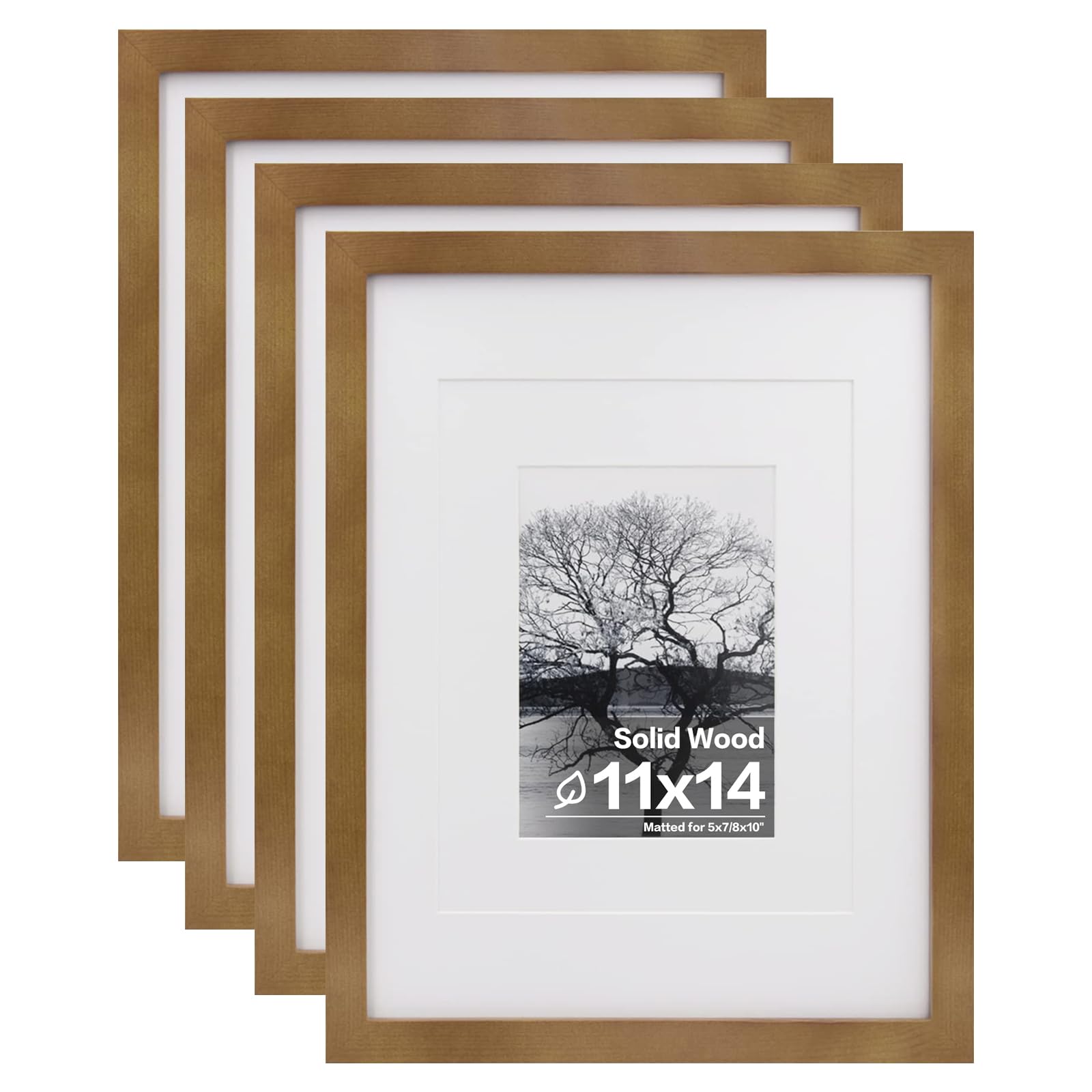 Photo 1 of **FACTORY SEALED**  Egofine 11x14 Picture Frames 4 Pack Display Pictures 5x7/8x10 with Mat or 11x14 Without Mat Made of Solid Wood Covered by Plexiglass for Table Top Display and Wall Mounting Photo Frame, Light Brown