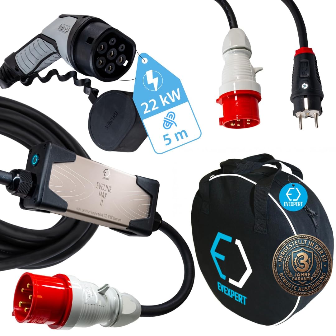 Typ 2 Ladekabel Schuko, Eveline Max I/II, 3,7-22kW Smart EV Ladegerät und Mobile Ladestation für Elektroauto, SCHUKO/CEE 5-Pin (RCD FI A-EV) 16-32A | 1/3 phasig | 5m Ladekabel | Inkl. Tasche