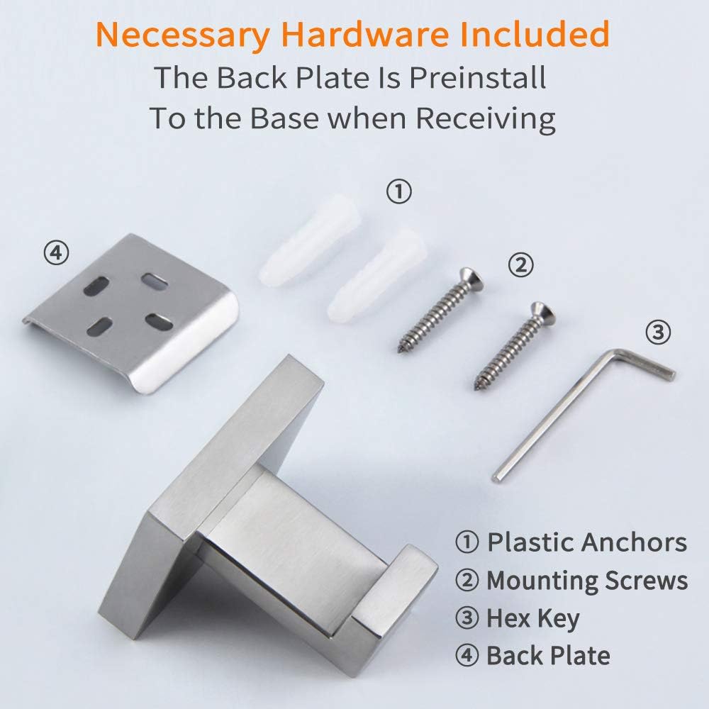 Bathroom Towel Hook Brushed Nickel, Angle Simple SUS304 Stainless Steel Hand Towel Rack, Square Coat Robe Hook, Wall Mount - - 