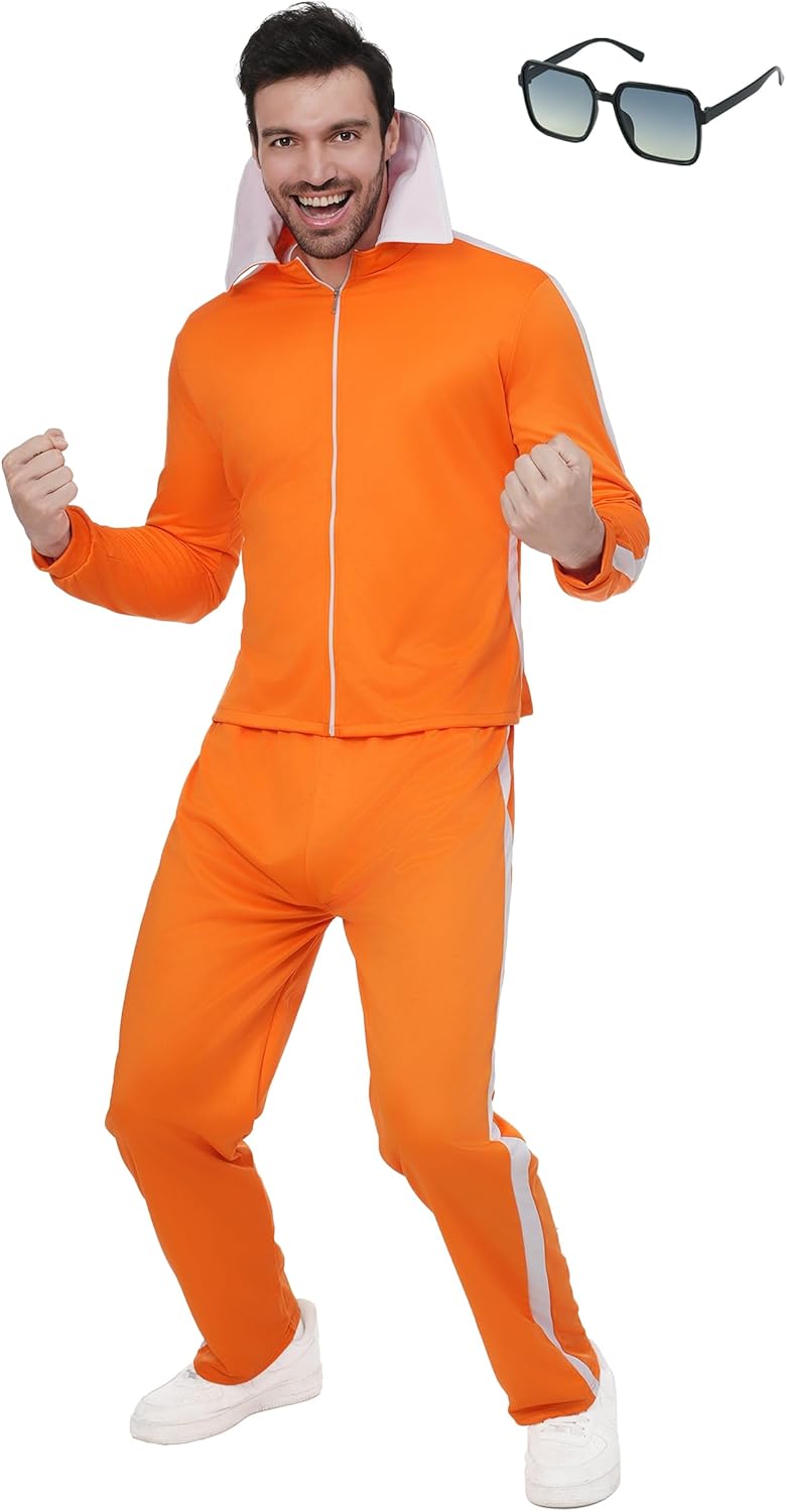 Halloween Men's Costume Orange Sports Suit Jacket Sportswear Suit with Glasses for Halloween Cosplay Party