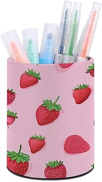 PU Leather Desk Organizer Pen Holder Cup for Office Home School, Cute Strawberry Pen Holder, Minimalist Round Stationery Caddy, Stylish Desktop Storage for Supplies Gifts