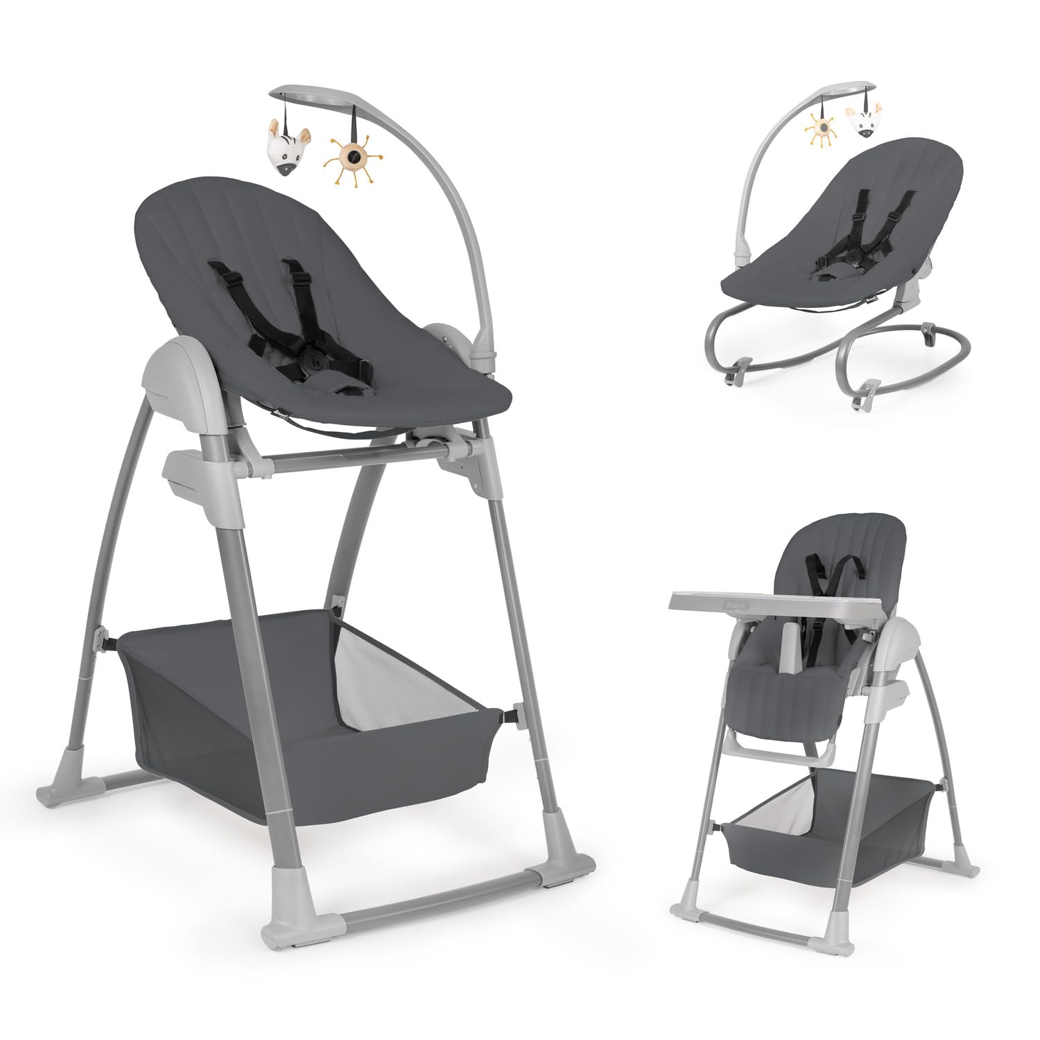hauck Sit N Relax 3in1, Grigio Scuro - Seggiolone Pappa Evolutivo da 0 Mesi a 15 kg con Sdraietta con Arco Giochi e Seduta con Vassoio Regolabili in Altezza, Ruote, Pieghevole, Cesto Portaoggetti