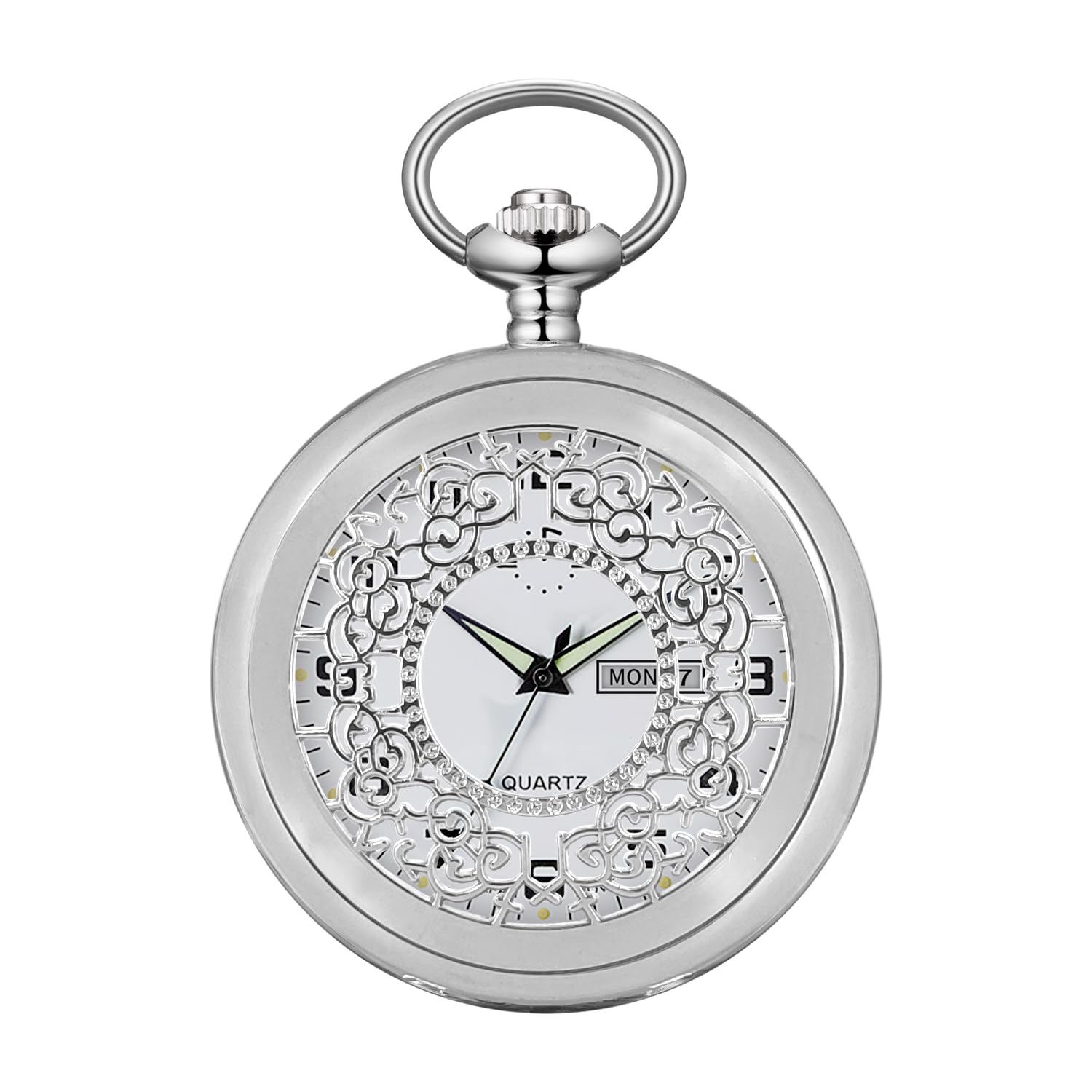 BOSHIYA Men's Hollow Quartz Pocket Watch Classic Arabic Digital Luminous dial &amp; Date Pocket Watch with Chain Christmas Graduation Birthday Gift