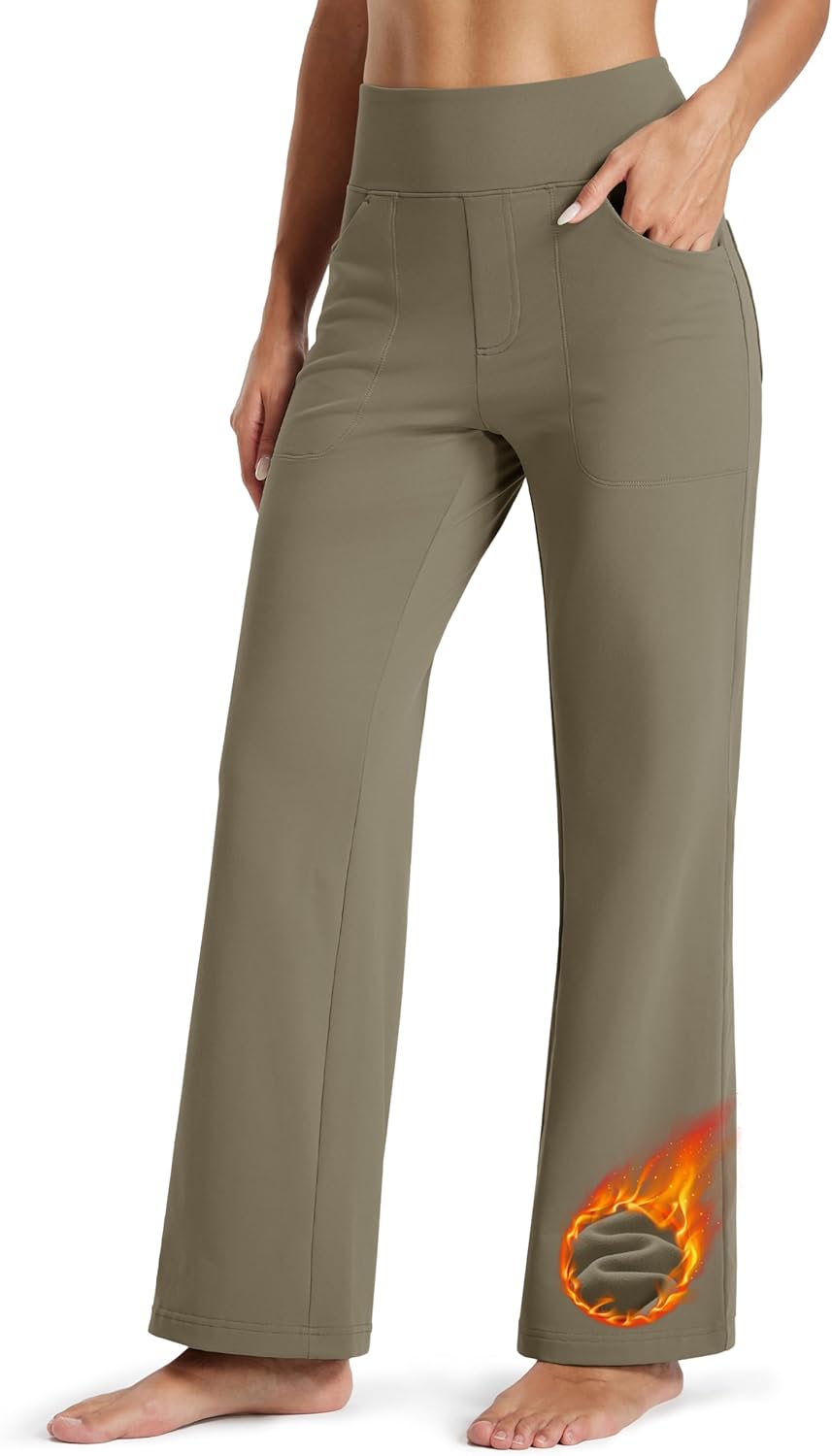 MAGCOMSEN Women's Fleece Lined Pants with Pockets Wide Leg High Waisted Work Pants Winter Thermal Casual Yoga Sweatpants - Image 8