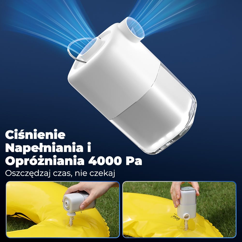 Przenośna elektryczna pompa powietrza 4000Pa Akumulator z oświetleniem kempingowym, mini nadmuchiwane i dedmuchane pompki elektryczne, stopka kempingowa/nadmuchiwane dywaniki/pierścień pływacki, biały