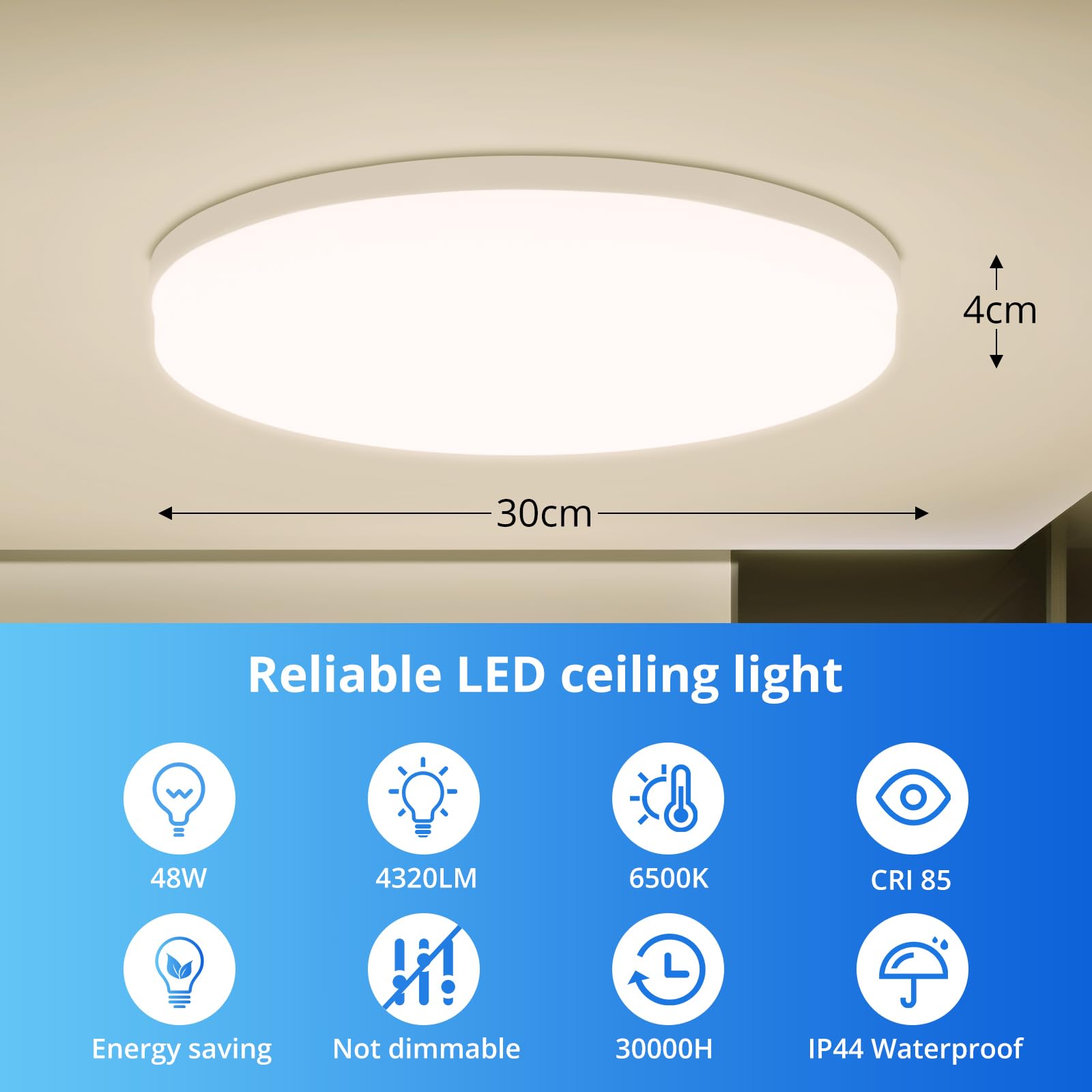 Combuh Plafoniera LED 48W 4320Lm Facile da Installare Lampada da Soffitto per Camere da Letto Stile Moderno Salotti Cucina Bianco Naturale 4000K Rotonda Ø30CM