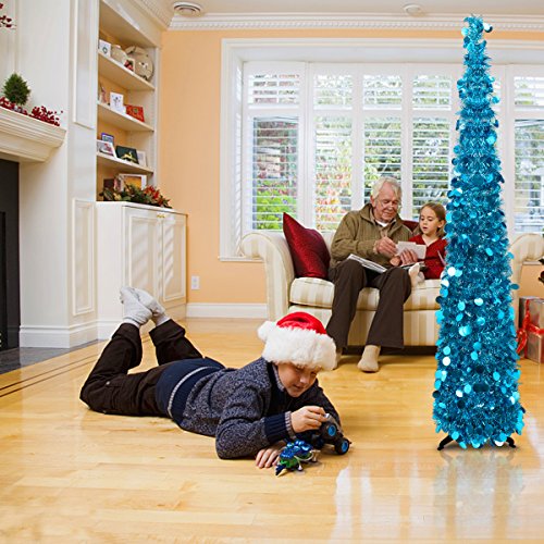 Joy-Leo 5Ft Blue Sparkly Pop Up Sequin Christmas Tree - Reflective Colors Tinsel, Save Your Space And Time (Set Up In 5 Minutes), Collapsible Small Tabletop Artificial Xmas Tree, Skinny Pencil Tree #TOP7