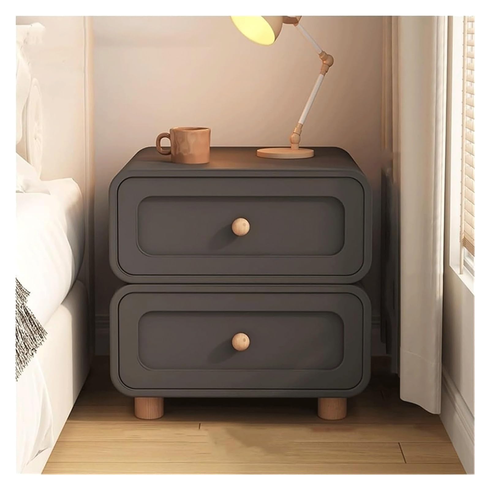 SXZenSpace Wooden Nightstand Modern Bedside Cabinet with 2 Sliding Drawers and Leather Finish Small Table Sofa Side for Home(Dark Gray,40cm)