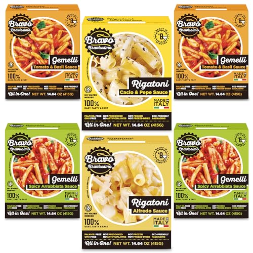 Bravo Bravissimo Italian Pasta Meal Variety Pack – Gourmet, Vegetarian & Vegan-Friendly, Microwaveable, Shelf-Stable, Ready in Minutes, No Refrigeration Needed – 6 Pack