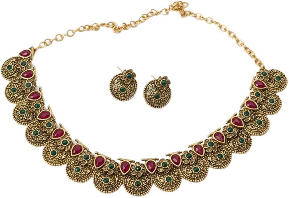 Antique Gold Tone Necklace Set with Ruby and Emerald Stones, Circular Disc Design with Matching Earrings, Traditional Indian Jewelry