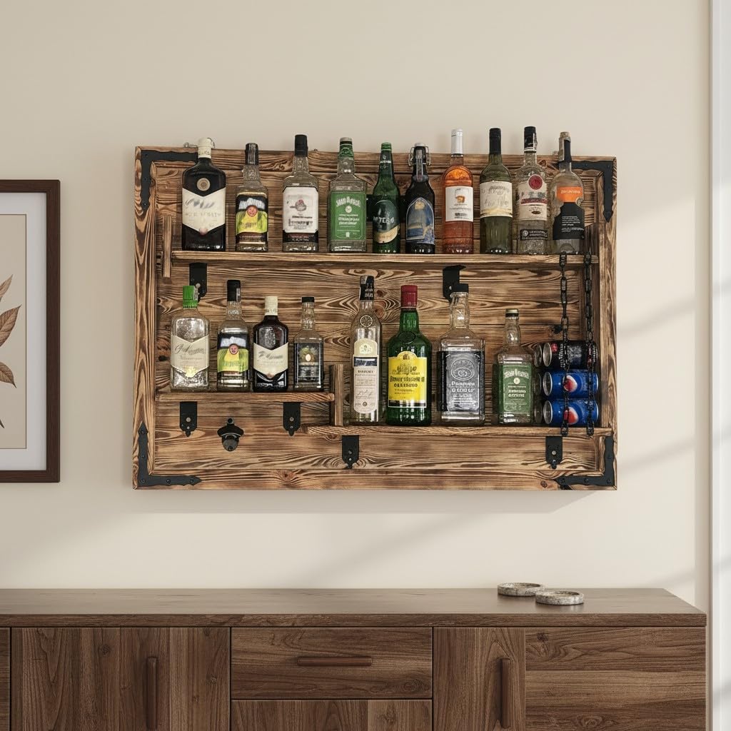 Weeco Estantería de Madera para Colgar en Casa, Hecha a Mano, Estilo Rústico, para Pared, Bar, Botellero, Regalo para Hombres, Cuadro 3D