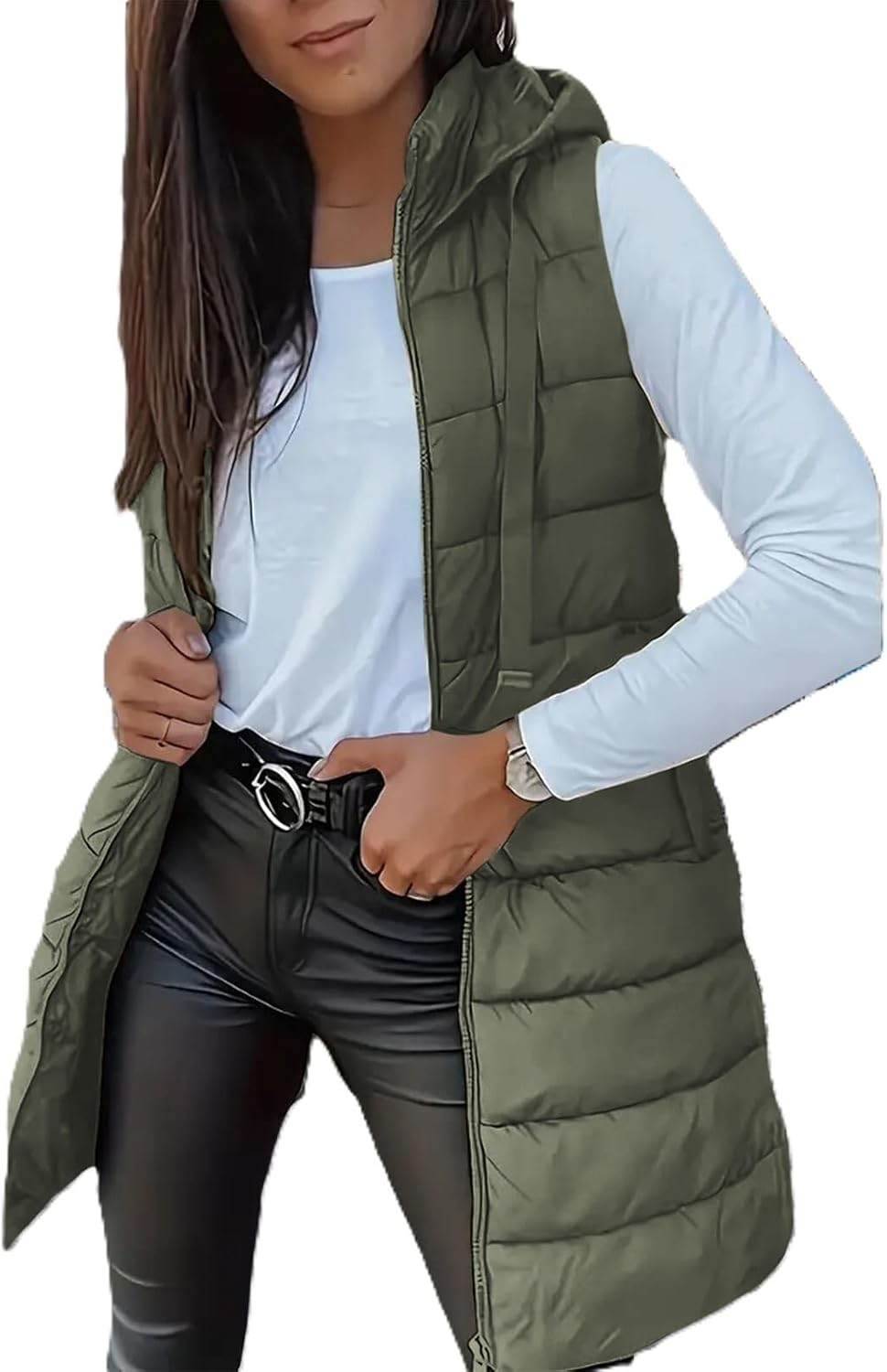 Zhyaj Womens Sleeveless Hooded Long Puffer Jackets Fashion Full Zip Up Lightweight Vest Coats Outerwear with Pockets