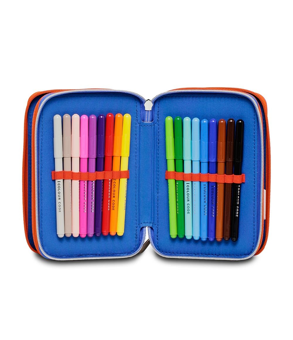 Seven Sonic Astuccio Scuola Elementare 3 Scomparti, COME AND GET ME, Blu Rosso, Contenuto 43 pz, Completo di Matite, Penne, Pennarelli, Portapenne Scuola Bambino Elementari