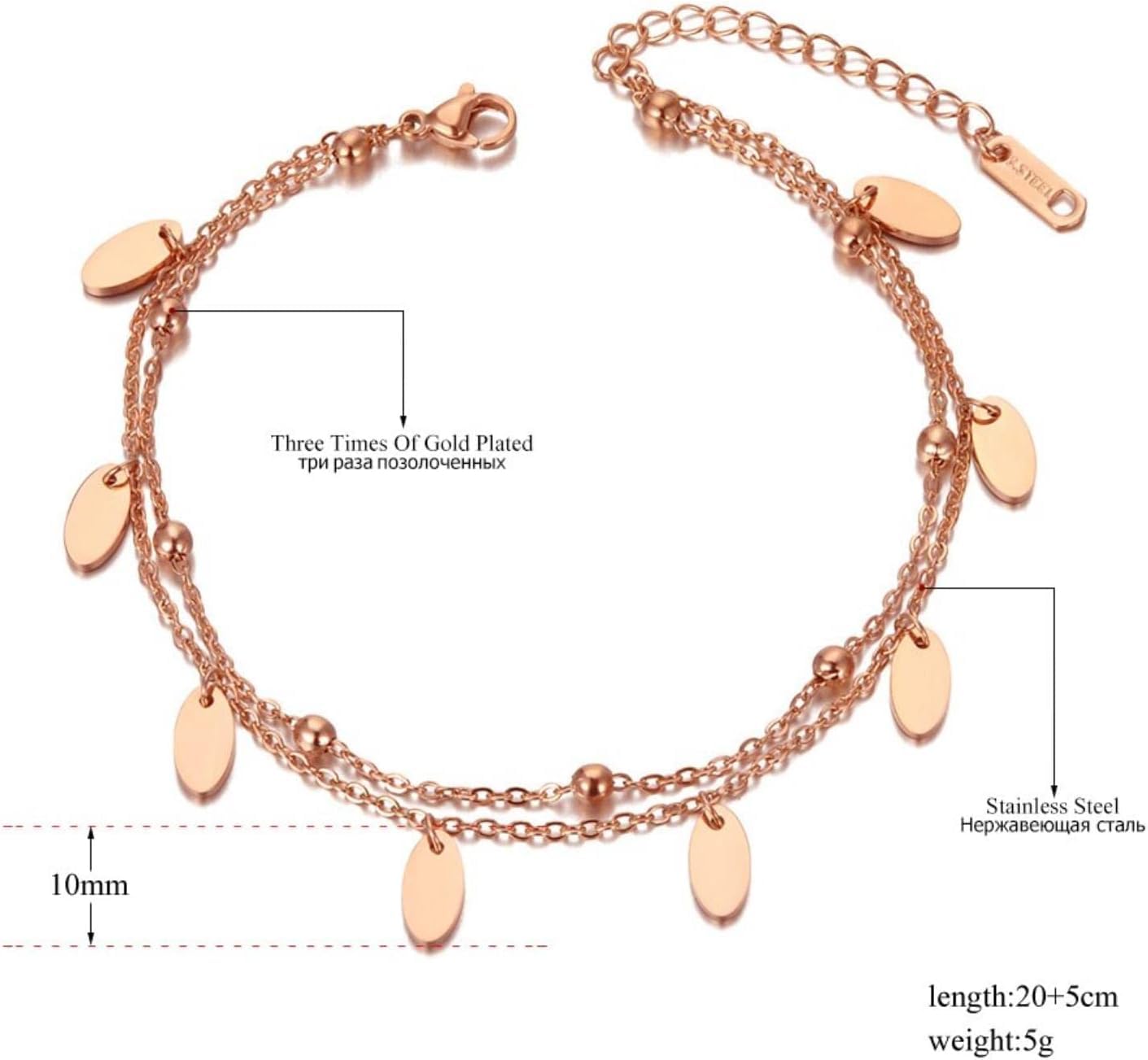 Pulsera de pie, Cadenas for el Tobillo, Tobillera Bohemia de Doble Capa con Dije de Disco pequeño for Mujer y niña, Cadena de eslabones de Moda, joyería for pies de Verano