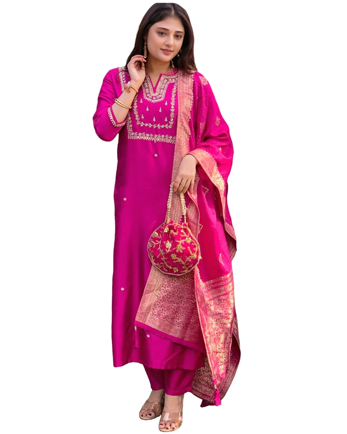 ANNI Designer Women’s Silk Blend Straight Embroidered Kurta with Pant & Dupatta